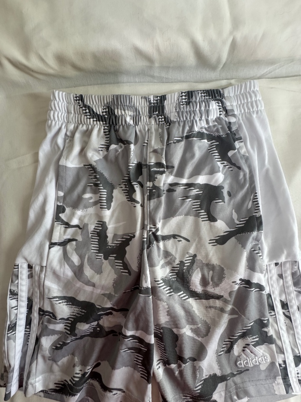 White / Grey Camo style Adidas boys soccer shorts dry-fit aeroready